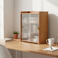 Dustproof Desktop Bookshelf with Glass Doors Multi-Functional Countertop Bookshelf with Doors Easy Assembly Fluted Glass Storage Cabinet Raised Top Rim for Students, Office Workers, Living Room, Bedroom