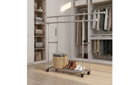 Adjustable Height Rolling Clothes Rack with Shelf Freestanding Double Rod Garment Rack Heavy Duty Furniture Sturdy for Laundry Room, Bedroom, Balcony
