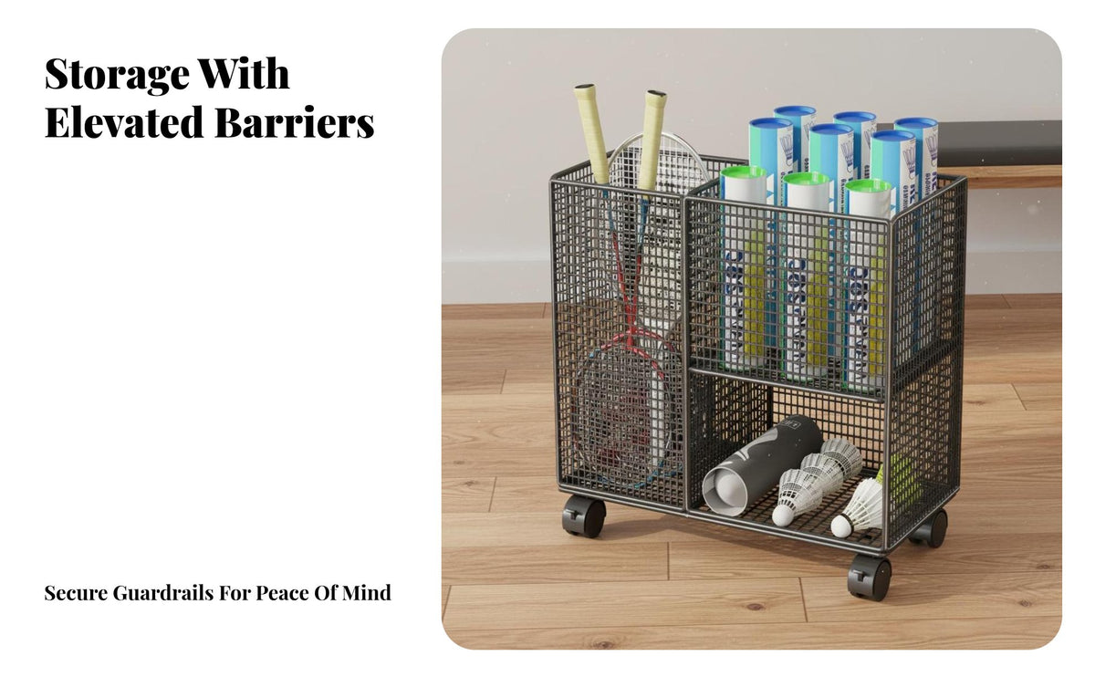 With Wheels Badminton Racket Storage Rack Large Capacity Mobile Racket Rack Heightened Guardrail Rolling Sports Equipment Organizer Multi-Compartment for Families, Home, Gym, Garage, School