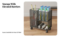 With Wheels Badminton Racket Storage Rack Large Capacity Mobile Racket Rack Heightened Guardrail Rolling Sports Equipment Organizer Multi-Compartment for Families, Home, Gym, Garage, School