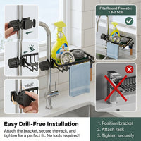 Faucet Rack and Sink Organizer for Kitchen Organization, Integrated Wall Mounted Storage with Dishcloth Rod and Hooks