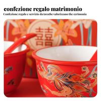 Ceramic Double Happiness Tableware Set, Red Wedding Bowl, Gift Box