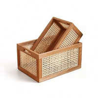 Wooden Storage Box with Cane Panels Open-Top Organizer Bin Sturdy for Bedroom