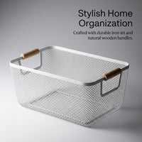 Bathroom Storage Baskets for Shelves with Wooden Handles, Iron Wire Organizer Bins for Toy White Set for Families