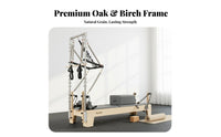 Pilates Reformer Bed Firm Foam Padding Pilates Reformer Machine Adjustable Tension Oak Wooden Foundation Bed for Postpartum Women, Gym, Living Room