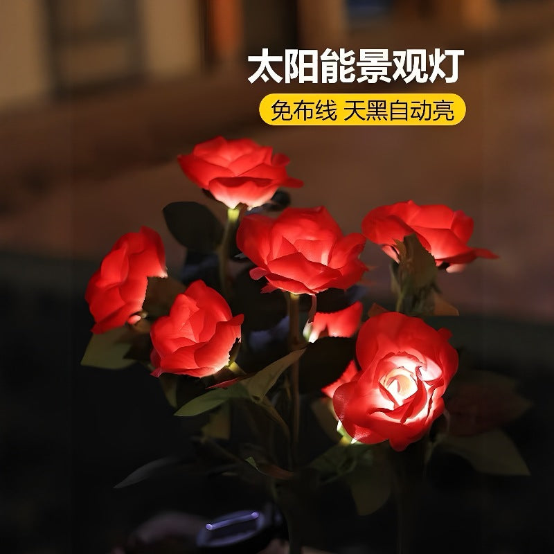 Solar-Powered 5-Head Rose Flower Garden Light with Ground Stake
