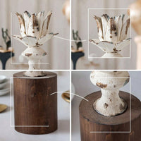 Metal Flower Candle Holder with Wooden Base Floral Taper Candle Holder Rustic Vintage for Tabletop, Weddings
