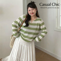 Long Sleeve Top Women with Striped Ribbed Knitwear Design, Plus Size Casual Polyester Blend Sweater with Extended Sizing up to XXXL