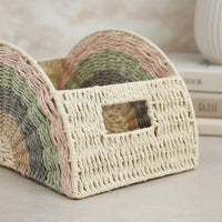 Rainbow Woven Basket Bohemian Design Fan Shaped Storage Holder Decorative Paper Rope Organizer Basket for Entryway, Nursery