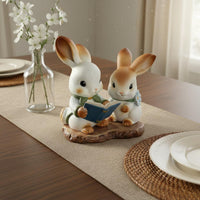 Reading Bunny Statue Desk Display Ceramic Bunny Ornament Hand-Painted Look Hare Figurine for Bookshelf, Living Room