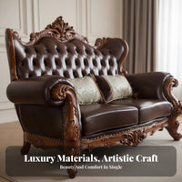 European Design Living Room Sofa Double-Sided Carving Ornate Solid Wood Sofa Elegant Design American Design Leather Couch for Hotel Owners, Adults