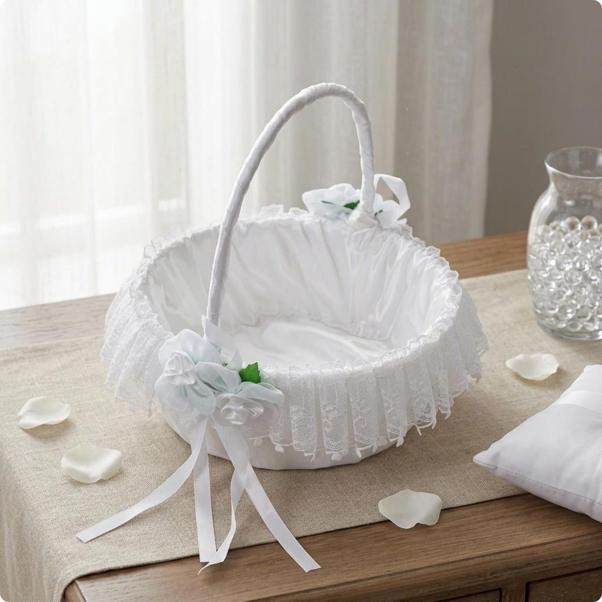 White Lace Flower Girl Basket Ribbon Bow Party Decor Handmade for Children