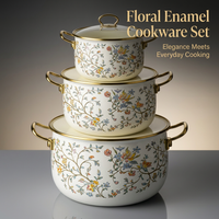 Enamel Cookware Set with Glass Lids, Flat Bottom Soup Pot Double Handle, Floral Cooking Pots for Everyday Cooking, 3 Sizes 18/22/26cm