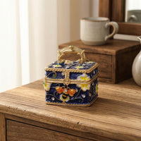 Mini Jewelry Box with Handle Vintage-Style Enamel Jewelry Box Decorative Compact for Women, Vanity, Dressing Table