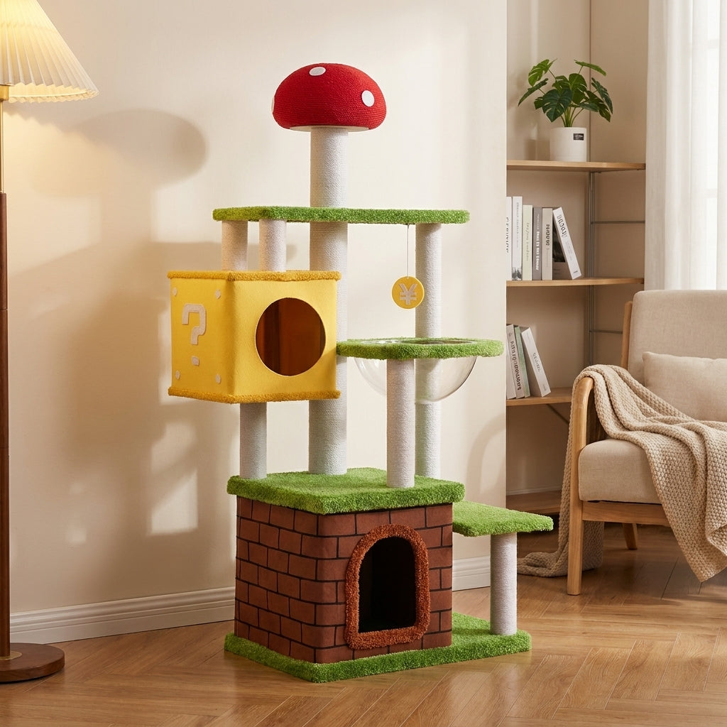 Cat Villa Mushroom Castle Kitten Tree with 4 Scratching Posts, Multi-Level Indoor House and Bed Activity Center for Medium Cats Multi Playground