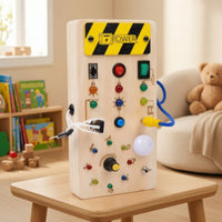 Wooden Busy Board with LED Lights Hands-on Wooden Busy Board Sensory for Young Children, Preschoolers, Travel, Home, Preschool