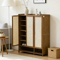 Bamboo Rotating Shoe Rack with 3 Doors, Space-Saving Entryway Cabinet