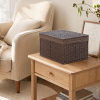 Paper Rope Storage Basket with Lid, 38x26x25cm Woven Rectangular Hamper, Plaid Lined for Living Room & Kids Bedroom