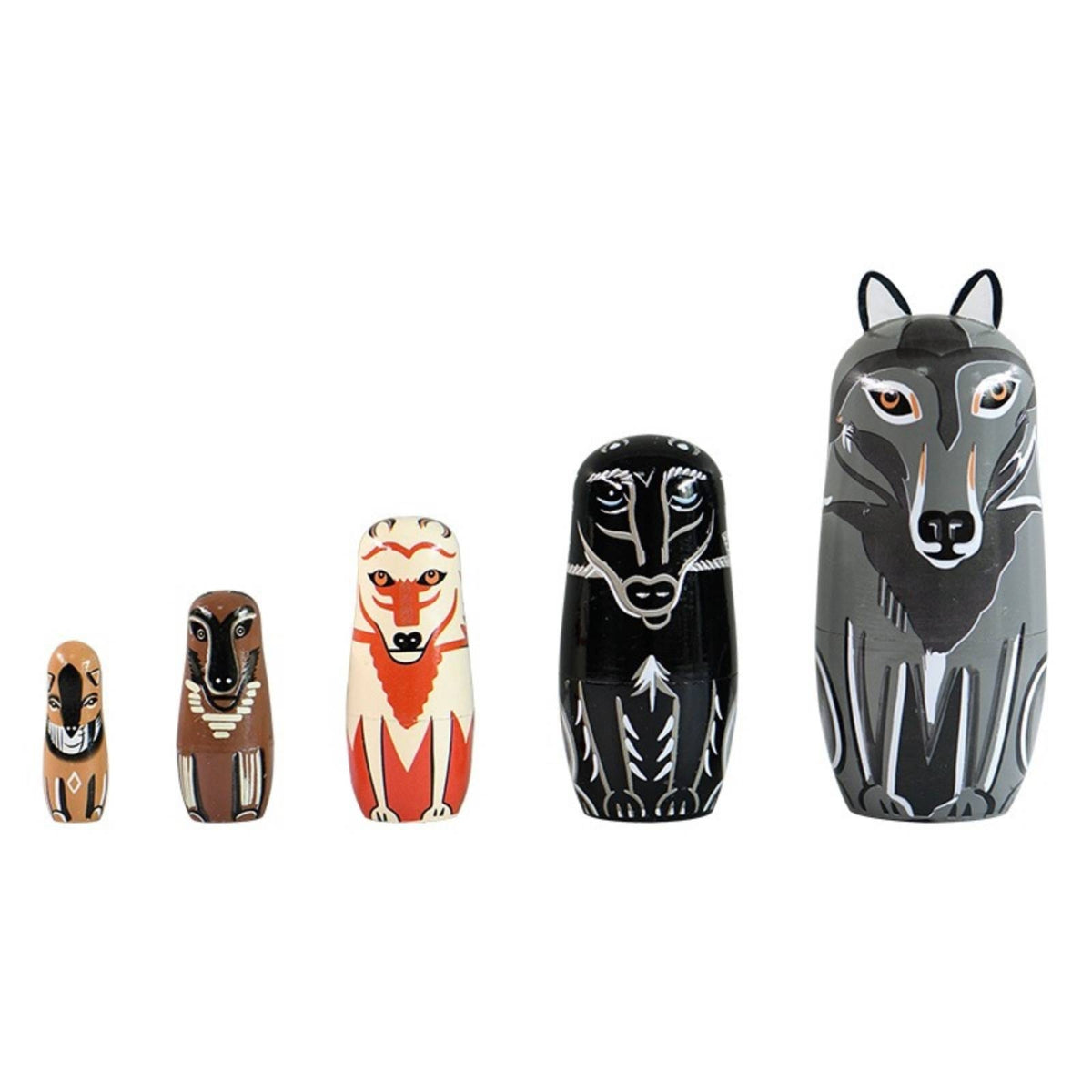 5 Pieces Wooden Nesting Doll with Wolf Design Glossy Animal Nesting Dolls Safe