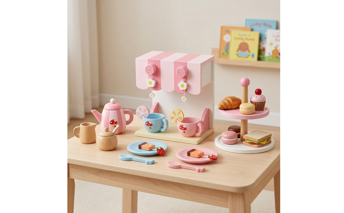 Wooden Coffee Machine Toy with Cups Tabletop Wooden Coffee Maker Imaginative Pretend Tea Set Set with Saucers for Young Children, Nursery