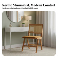Minimalist Nordic Design Cane Back Dining Chair Breathable Backrest Solid Wood Rattan Chair Thick Cushioned Seat Household Furniture High-Density Foam Cushion for Homeowners, Interior Designers, Business Owners, Living Room, Bedroom, Kitchen, Home Office
