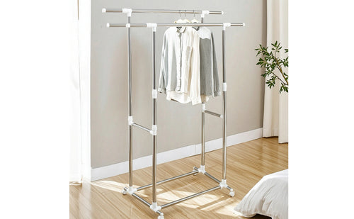 Adjustable Clothes Rack with Wheels Freestanding Double Rod Clothes Rack Long-Lasting Furniture Heavy Duty for Indoor