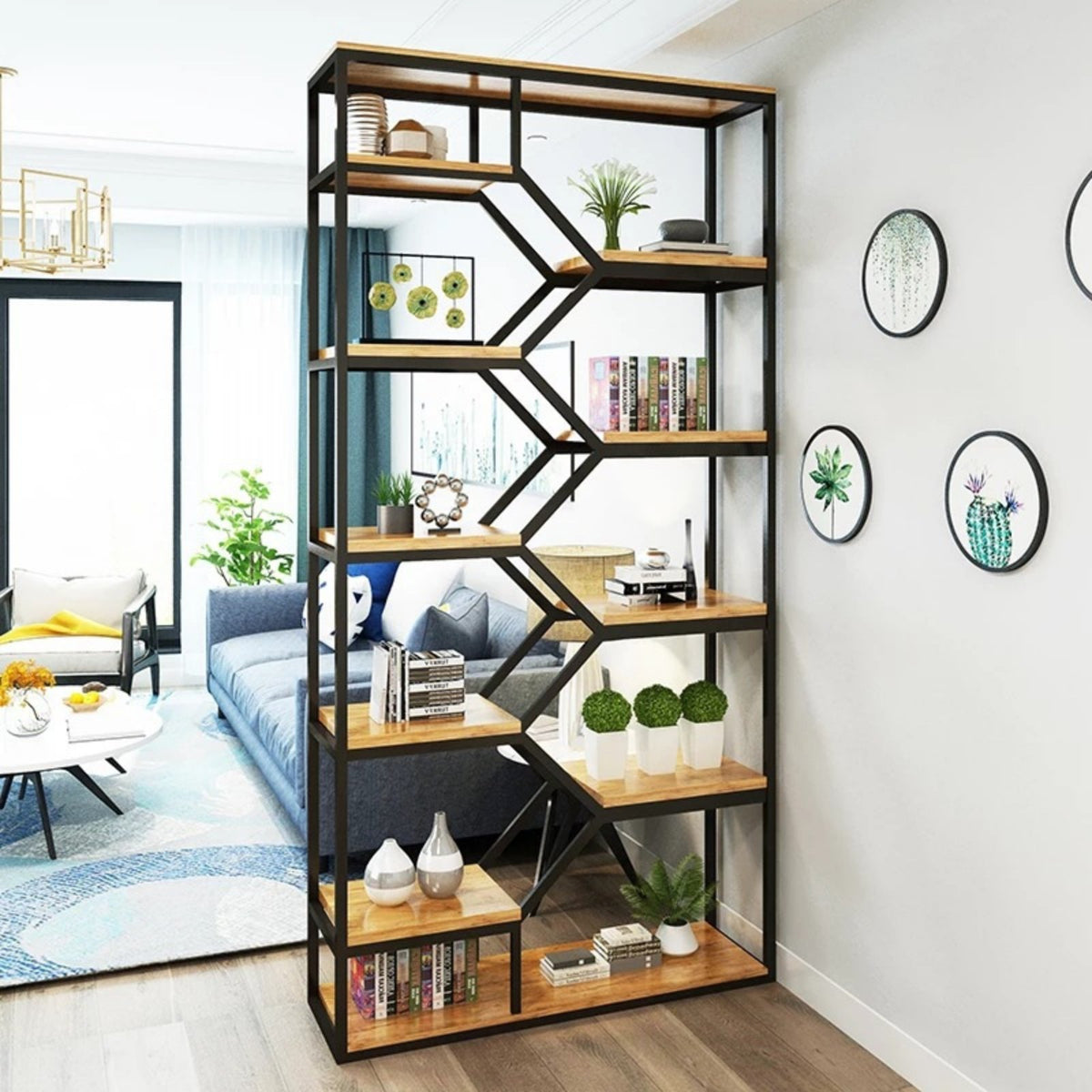 Geometric Partition Shelf Freestanding Industrial Bookshelf Uncovered Back