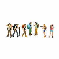 7 Pieces Photography Props Backpacking Hiker Figurines Mixed Colors Outdoor Clothing Hiking Gear Sand Table Scene Figures Miniature Decor for Micro Landscape
