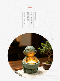 国风青砂石禅意小沙弥和尚佛像烛台庭院家居餐桌创意装饰品摆件