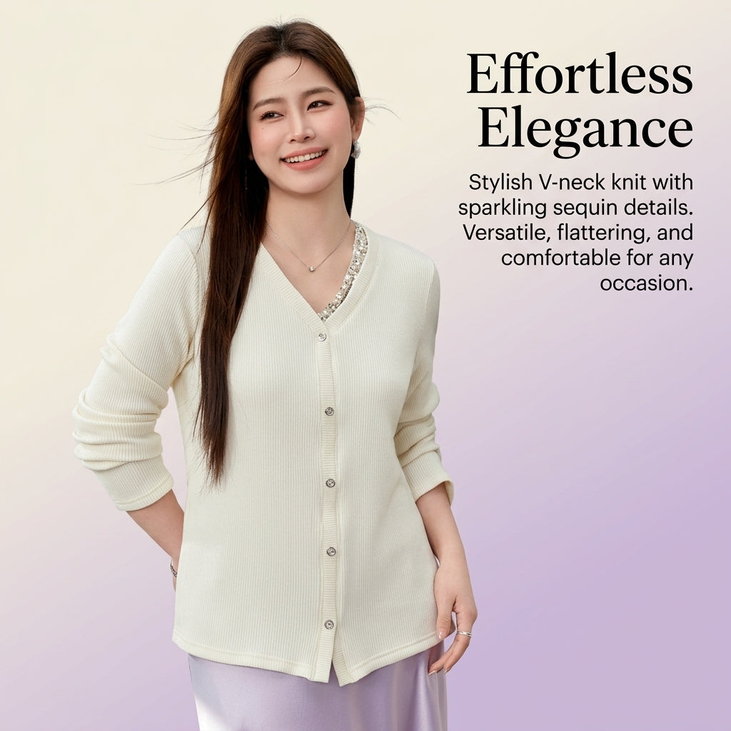 Long Sleeve Top for Plus Size Women with Sequin V-Neck Detail, Business Casual Pullover Style Blouse for Office Wear, Dressy with Extended Sizing