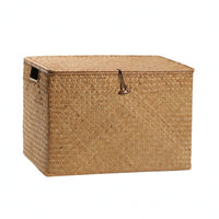 Handwoven Storage Box Hinged Lid Wicker Lidded Basket Versatile Household Organizer