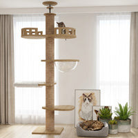 Cat Climbing Frame Activity Center with Scratching Posts, Solid Wood Multi Level Tree Indoor for Large Cat, 7 Perches, Hammock & Space Capsule