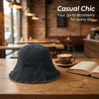 Sun Hats for Women Frayed Edge Bucket Polyester Outdoor Activities Casual Wear, Short Brim Flat Top Basin for Autumn