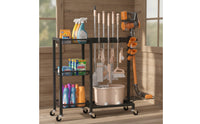 AllComplete Cleaning Tool Storage Rack Freestanding Broom Holder with Cleaning Supplies Organizer Wheeled Mop and Broom Holder Upright for Homeowners, Janitors, Utility Room, Garage, Closet