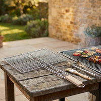 Stainless Steel Grill Basket with Wooden Handle Easy-Grip Cookware Portable Grills Reusable for Camping