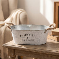 Farmhouse Metal Planter with Rope Handles Rustic Planter with Rope Handles Whitewashed Metal Flower Pot Distressed for Entry Table, Desk, Windowsill, Shelf