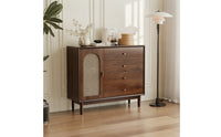 Retro Rattan Cabinet with Wooden Frame Woven Cane Door Sideboard Boho Storage Cabinet with Drawers Natural for Apartment
