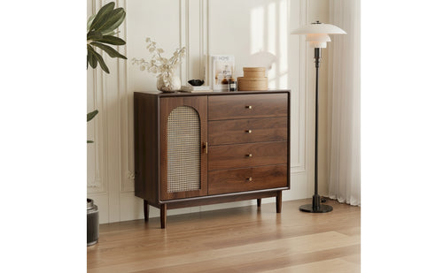 Retro Rattan Cabinet with Wooden Frame Woven Cane Door Sideboard Boho Storage Cabinet with Drawers Natural for Apartment