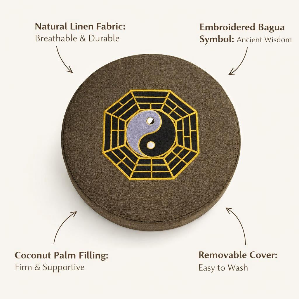 Round Meditation Cushion with Embroidered Bagua Pattern, Removable Washable Linen Cover, Floor Large Adults, Zafu for Meditators