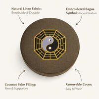 Round Meditation Cushion with Embroidered Bagua Pattern, Removable Washable Linen Cover, Floor Large Adults, Zafu for Meditators