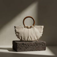 Woven Bag with Wooden Handle Textured Handmade Purse Semi-Circular Handbag Beaded Shell Embellished Bag Artisanal for Women