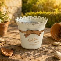 Metal Flower Pot Perforated Rim Decorative Metal Vessel Tapered Shape