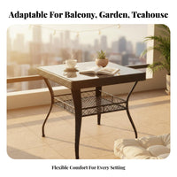 Square Woven End Table with Glass Top Minimalist Design Outdoor Furniture Space-Saving Easy to Clean for Adults, Balcony, Garden