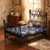 Metal Dollhouse Bed with Mattress Vintage Style Furniture Realistic for Diorama