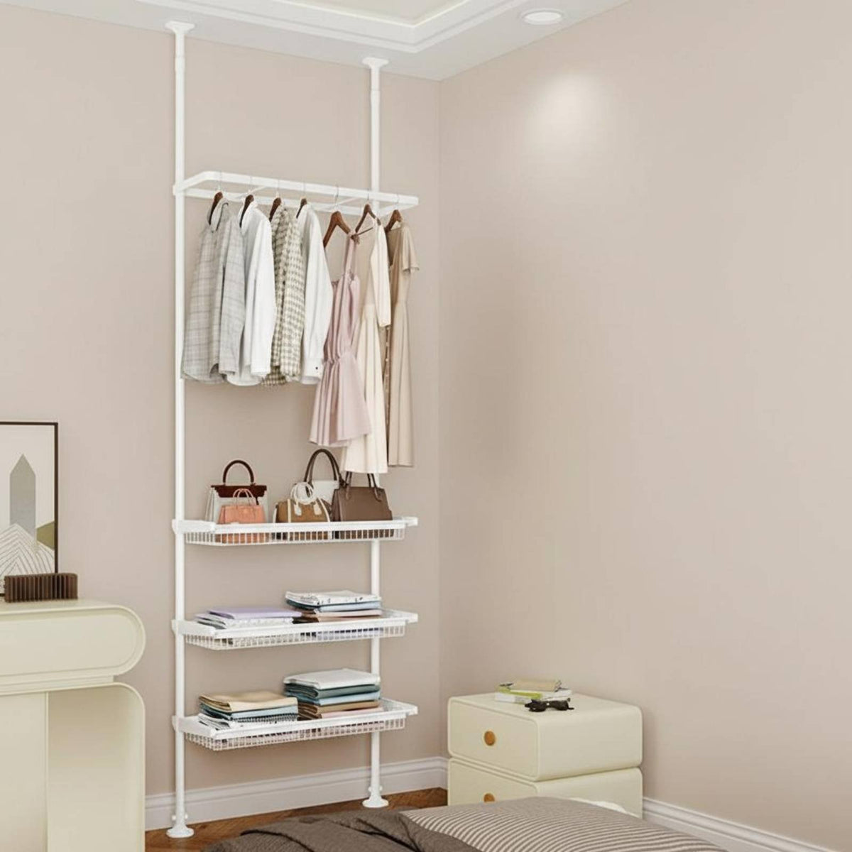 Tension Pole Closet System Open Design Garment Rack Easy to Assemble for Renters