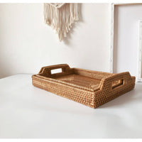 2 Pieces Handwoven Tray with Handles Rustic Wicker Tray with Handles for Hosts, Countertop Organization