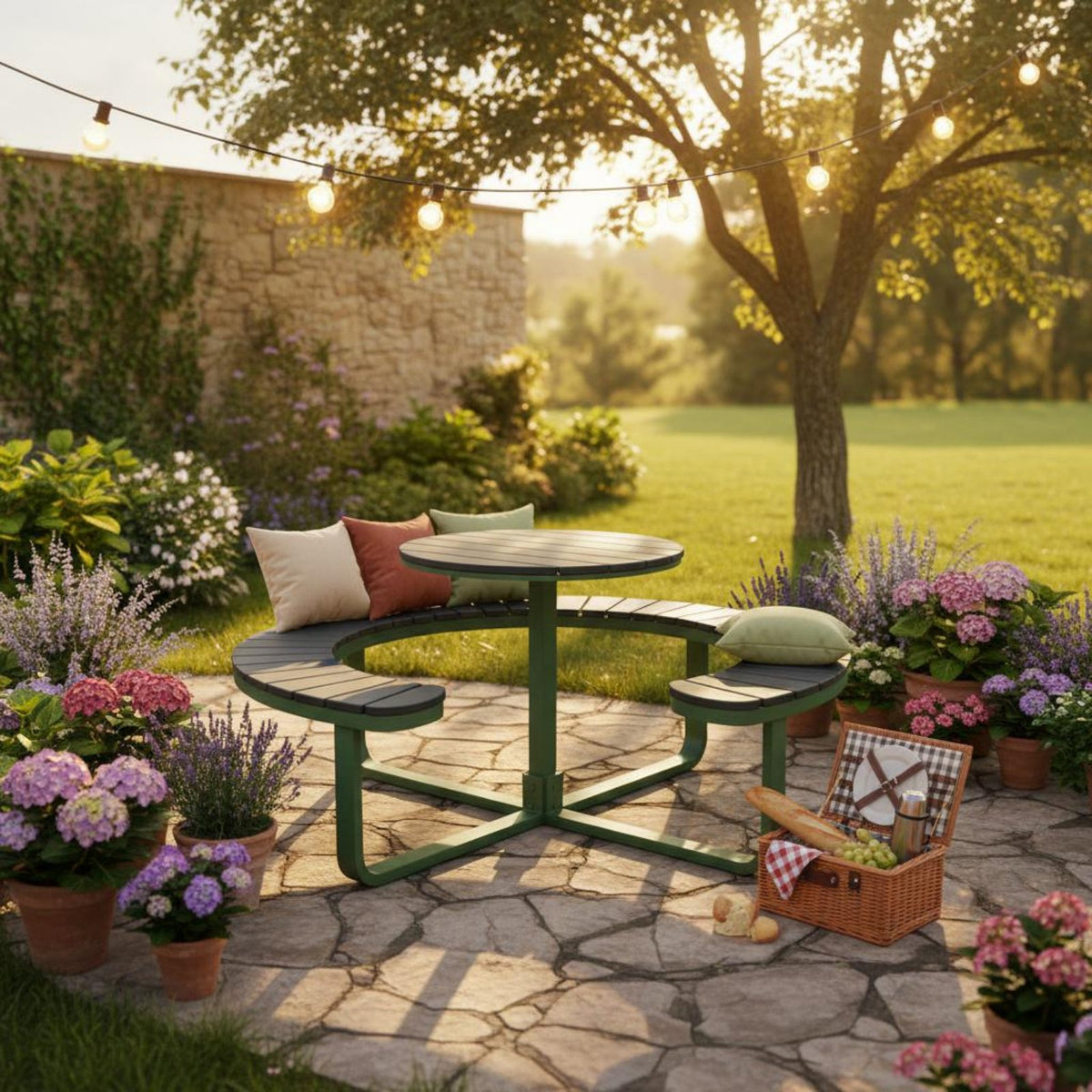 Sun Protection Circular Bench Table Weather Resistant Round Picnic Table Heavy Duty Frame Modern Patio Dining Set Easy Entry Seating for Garden, Courtyard, Restaurant