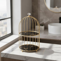 Bird Cage Cosmetic Organizer 2-Tier Bird Cage Makeup Organizer Gold Birdcage Storage Rack for Dressing Table