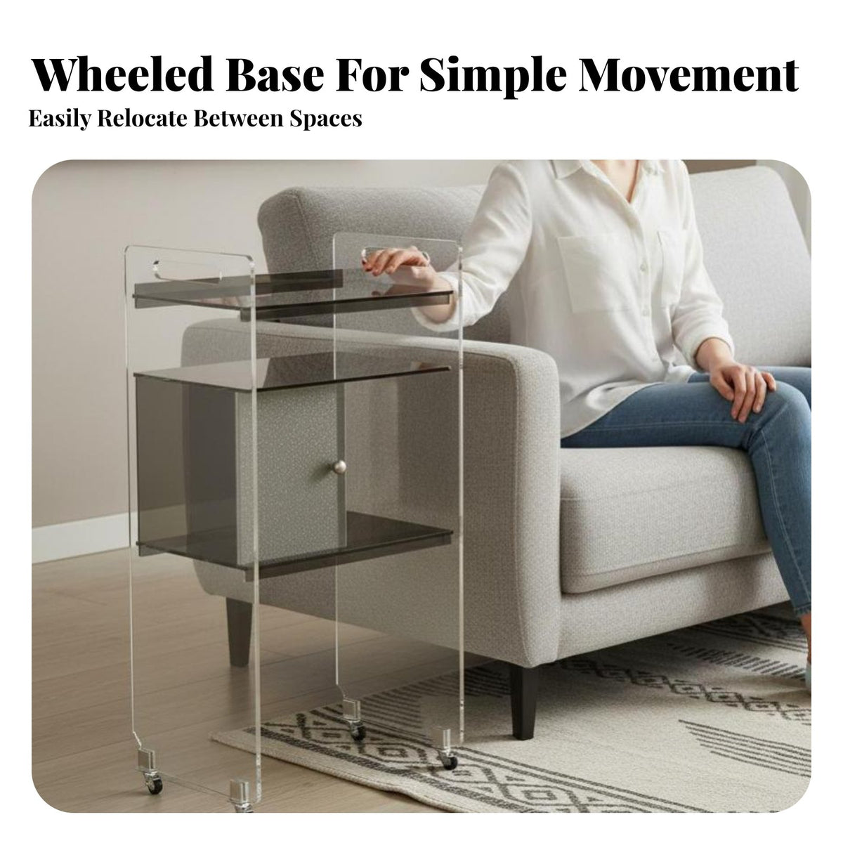 Movable with casters C-Shaped Rolling Table Minimalist aesthetic eveningstand Transparent Design Bedside Cabinet adaptable for Apartment Dwellers, Homeowners, Home Workers, Living Room, Bedroom, Small Spaces, Balcony