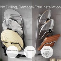 Stainless Steel Wall Mounted Pot Lid Rack, No-Drill